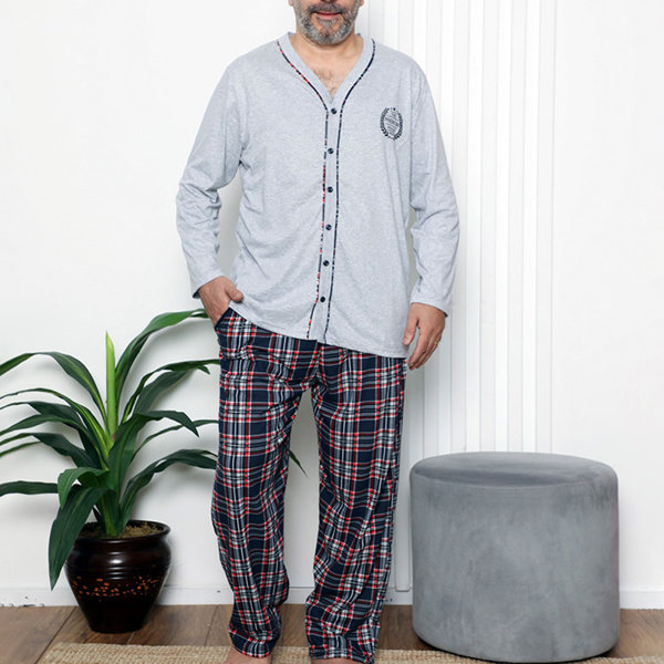Herren Schlafanzug mit Knopfleiste in Grau- Kleidung