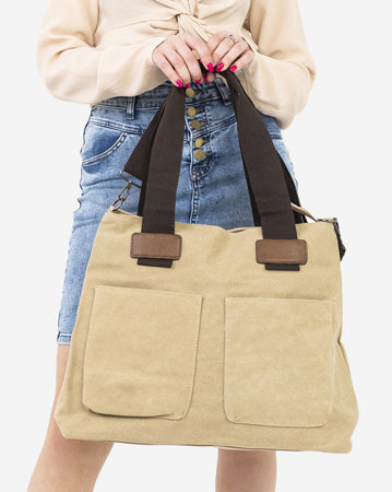 Cremefarbene Damenhandtasche aus Baumwolle mit Taschen - Accessoires