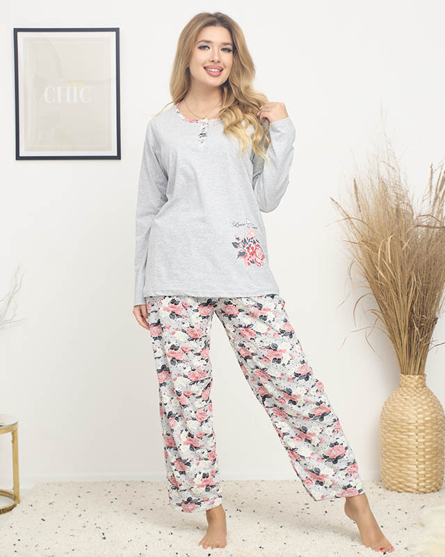 Damen-Pyjama mit Blumendruck in grauer Farbe PLUS SIZE - Kleidung