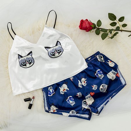 Dunkelblauer Damenpyjama mit Katzendruck - Kleidung