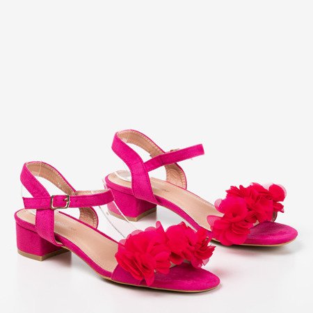 Fuchsia-Damensandalen auf einem niedrigen Pfosten mit Blumen Flonia - Footwear 1