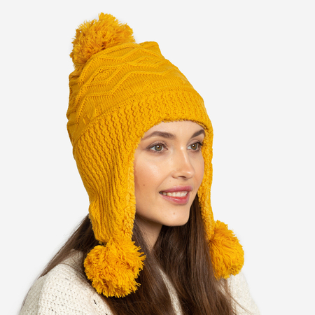 Gelbe isolierte Damenmütze mit Pompons - Accessoires