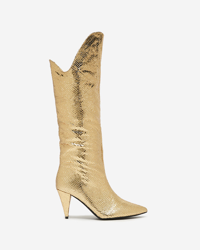 Goldene Damen-Stiefel mit hohem Absatz und Prägung Elivea- Footwear