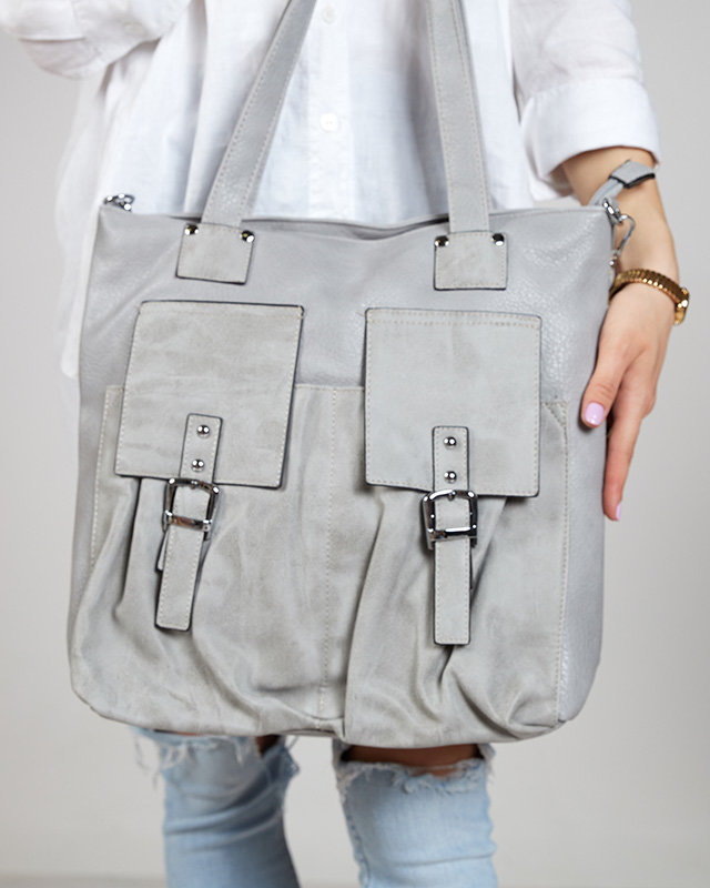 Graue Shopper-Tasche für Damen mit dekorativen Taschen - Accessoires