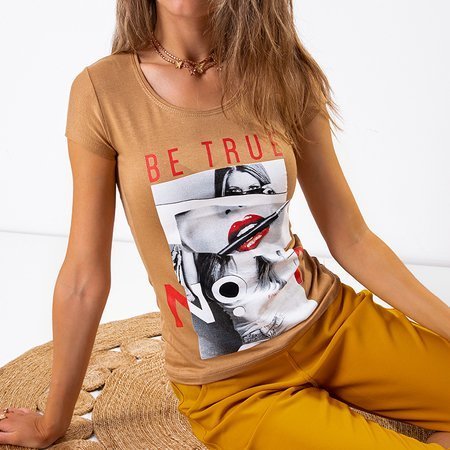 Hellbraunes Damen-T-Shirt mit Aufdruck und Aufschrift - Kleidung
