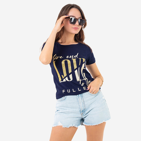 Marineblaues Damen-T-Shirt mit Aufschriften, die mit Glitzer und Zirkonia verziert sind - Kleidung