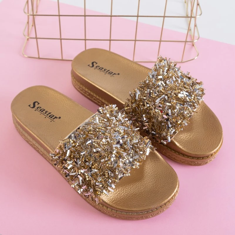 OUTLET Goldene Plateau-Sandalen für Damen mit kubischem Zirkonia von Lomine - Schuhe