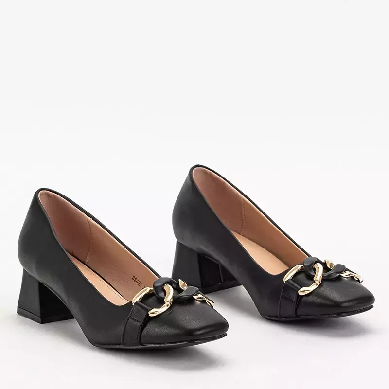 OUTLET Schwarze Damenpumps auf niedrigem Pfosten mit Vetina-Dekoration - Schuhe
