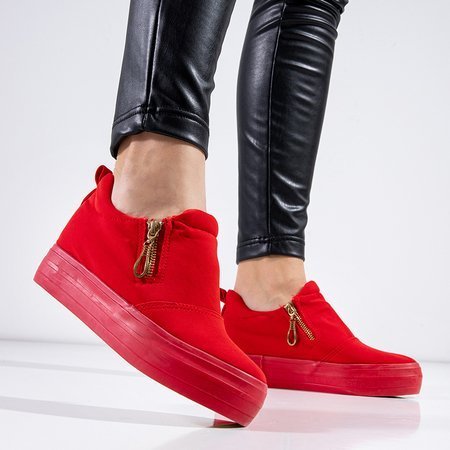 Rote Damenschuhe mit bedecktem Keilabsatz und goldenen Reißverschlüssen von Leonita - Footwear