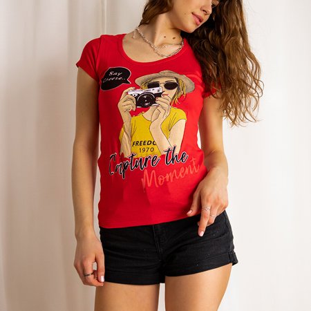 Rotes Baumwoll-T-Shirt der Frauen mit Druck - Kleidung