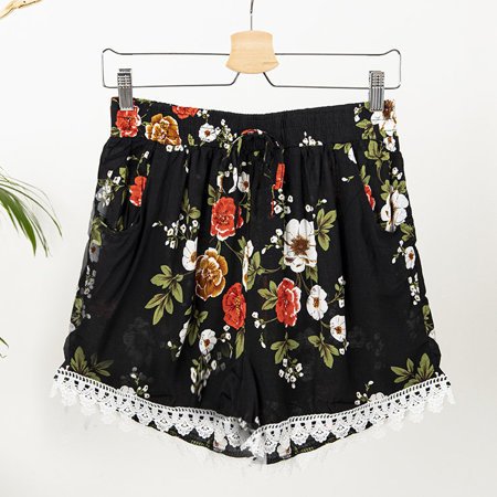 Schwarze Damen-Shorts aus Baumwolle mit Blumenmuster - Kleidung