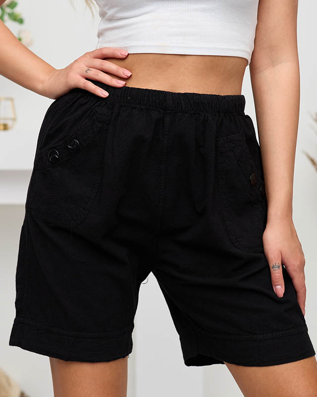 Schwarze Damen-Shorts aus Baumwolle mit Knöpfen - Kleidung