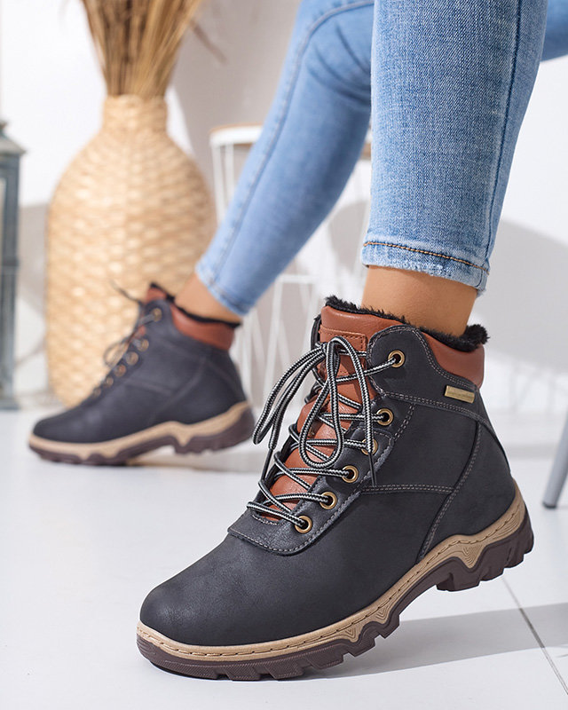 Schwarze Damen-Wanderschuhe mit Poritsu-Fell gebunden - Schuhe
