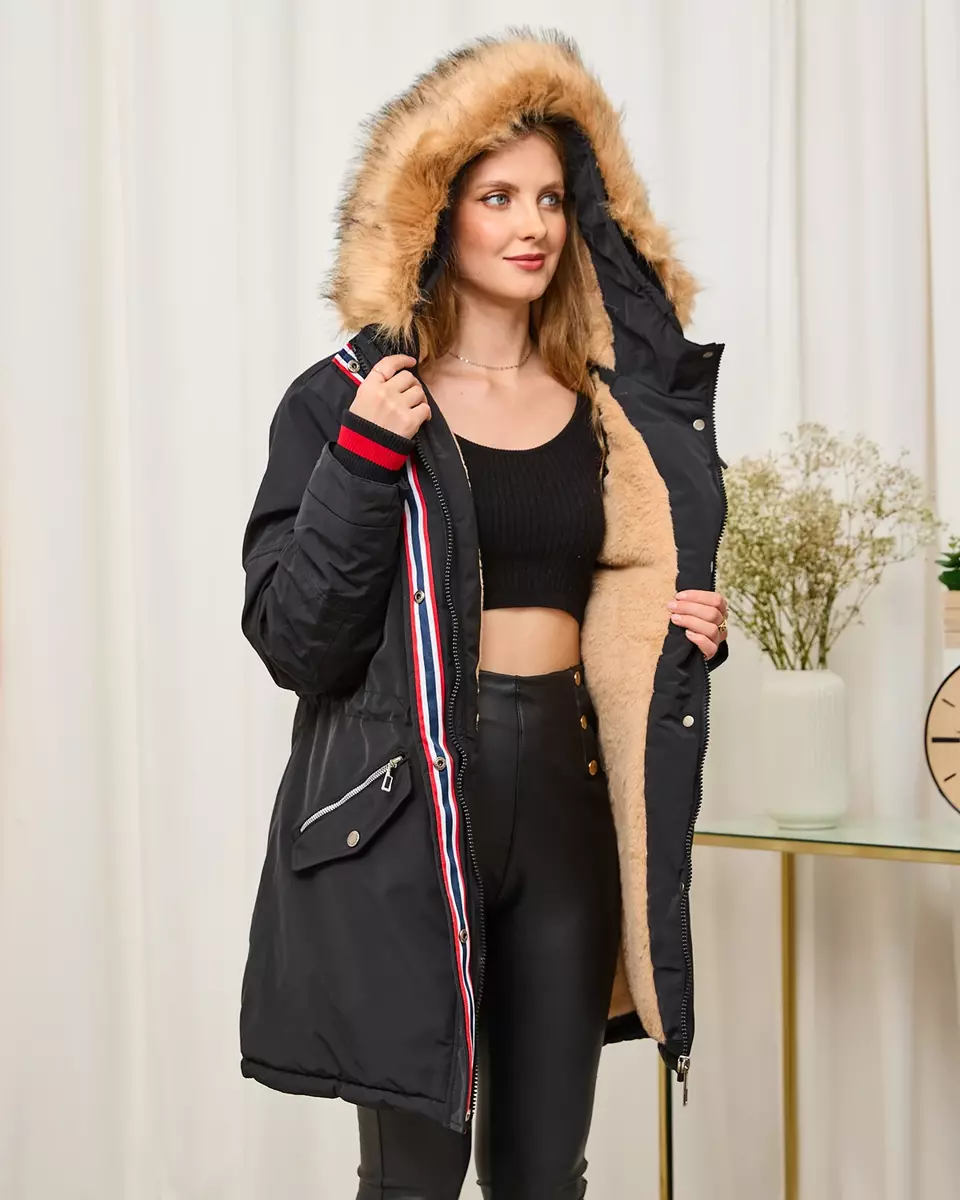 Schwarze Damen-Winterjacke mit elastischem Bund - Kleidung