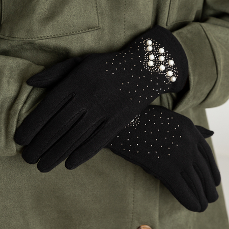 Schwarze Damenhandschuhe mit Perlen - Accessoires