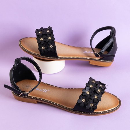 Schwarze Damensandalen mit Rafana-Blumen - Schuhe