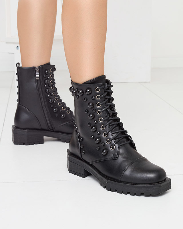 Schwarze Öko-Lederstiefel für Damen mit Perlen Wass - Footwear