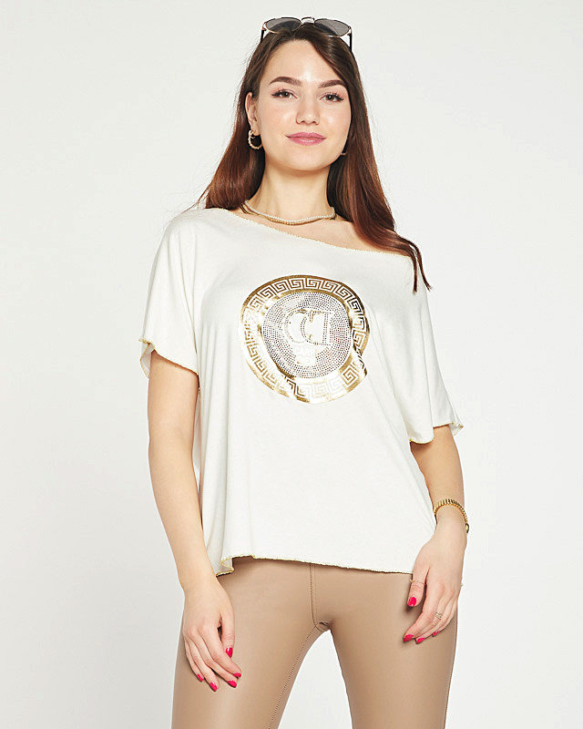 Weißes Damen-T-Shirt mit Golddruck und Zirkonia - Kleidung