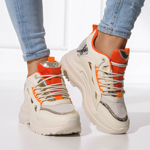 Beige Damen-Sneaker mit orangefarbenen Elementen auf dicker Sohle Kilotsi - Footwear