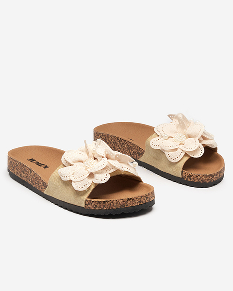 Beige Damenhausschuhe mit Stoffblumen Serine - Schuhe