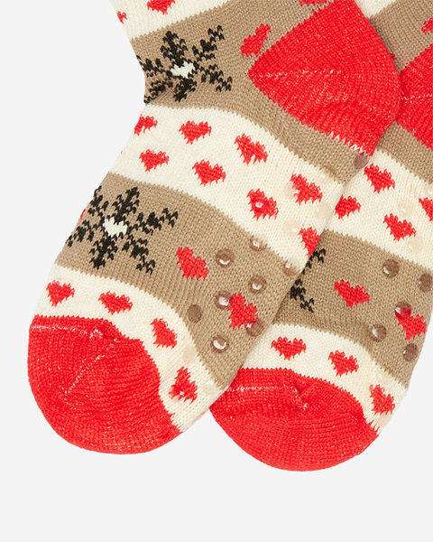 Beige und rote Damensocken mit Weihnachtsmuster - Unterwäsche