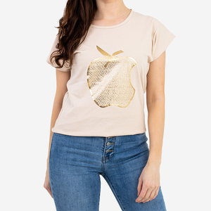 Beiges Damen-T-Shirt mit Golddruck - Bekleidung