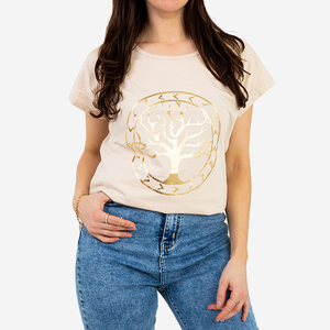 Beiges Damen-T-Shirt mit Golddruck - Bekleidung