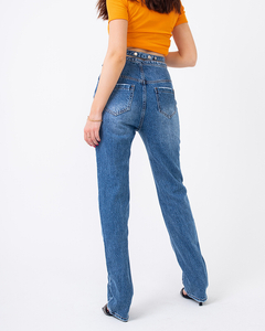 Blaue Boyfriend-Denim-Jeans für Damen mit dekorativem Gürtel - Kleidung