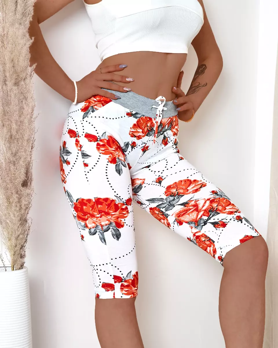Damen 3/4 Shorts mit Blumenmuster in Weiß und Rot PLUS SIZE- Kleidung