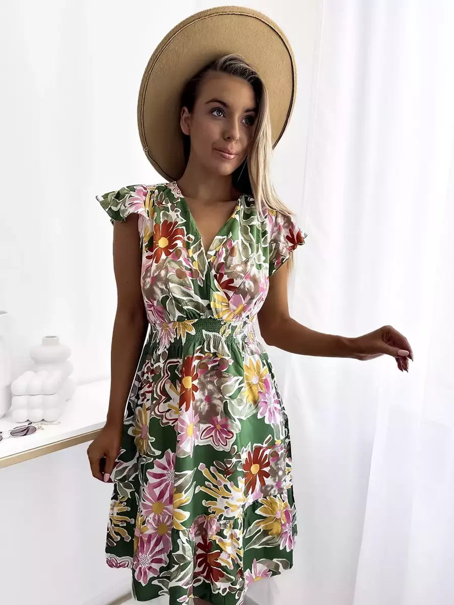 Damen-Minikleid mit Blumendruck in Grün- Kleidung