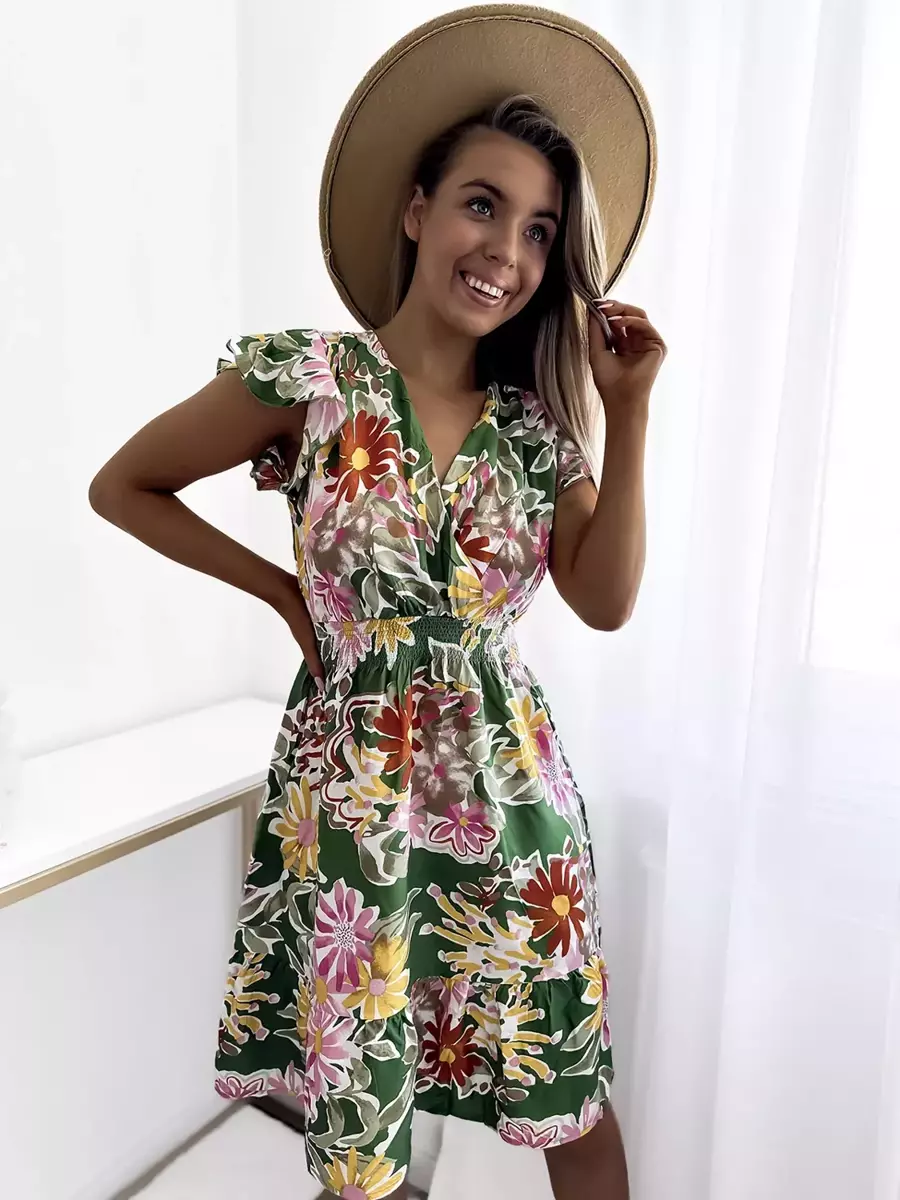 Damen-Minikleid mit Blumendruck in Grün- Kleidung