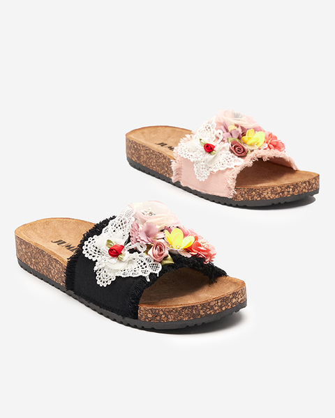 Damenhausschuhe mit Stoffblumen in Rosa Ososi- Footwear