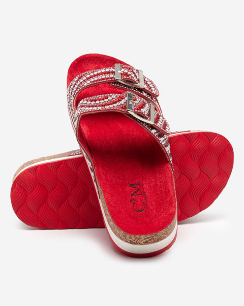 Damenhausschuhe mit Zirkonia in roten Lalud-Shoes