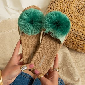 Damenpantoffeln mit Pompon in Azrailgrün - Schuhe