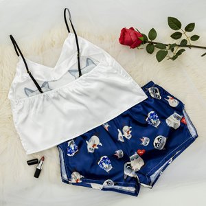 Dunkelblauer Damenpyjama mit Katzendruck - Kleidung