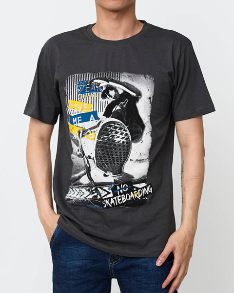 Dunkelgraues Herren-T-Shirt aus Baumwolle mit buntem Aufdruck - Bekleidung