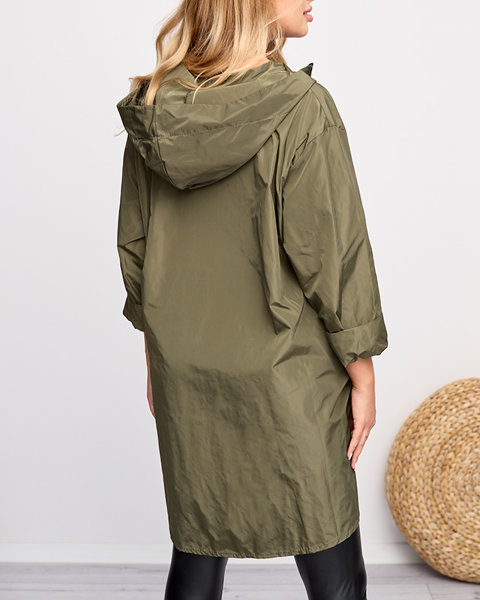 Dunkelgrüne lange Damen-Windjacke mit Verzierungen - Kleidung