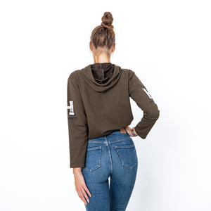Dunkelgrünes Damen Kapuzensweatshirt mit Aufschriften - Kleidung
