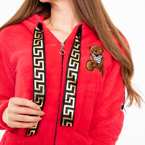 Fuchsia Plüsch Damen Kapuzensweatshirt mit Teddybär-Aufnähern - Kleidung
