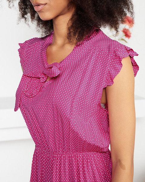 Fuchsiafarbenes gepunktetes Damenkleid mit gebundenem Ausschnitt - Kleidung
