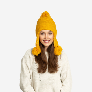 Gelbe isolierte Damenmütze mit Pompons - Accessoires