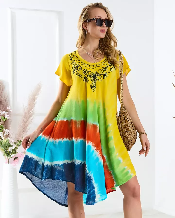 Gelbes Damen Strandkleid Tagesdecke mit buntem Druck- Kleidung