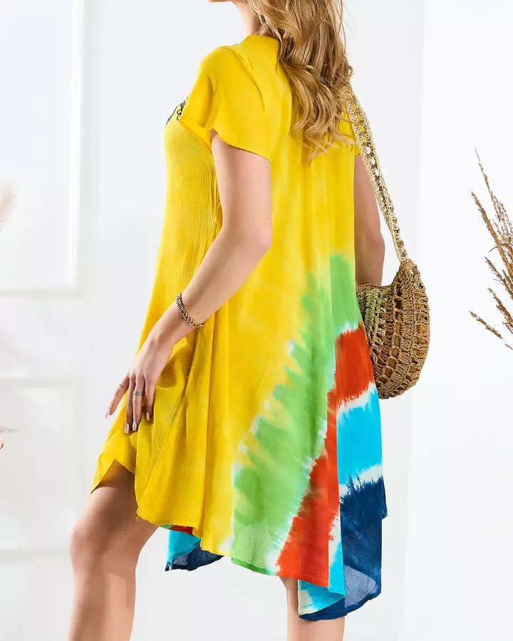 Gelbes Damen Strandkleid Tagesdecke mit buntem Druck- Kleidung