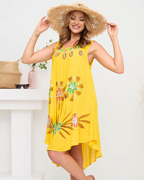 Gelbes Strandkleid für Damen mit Blumenumhang - Kleidung