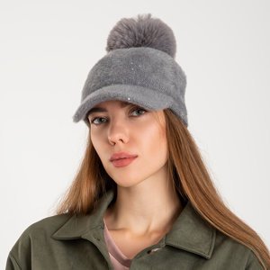 Grauer Damenhut verziert mit Bommel und Pailletten - Caps