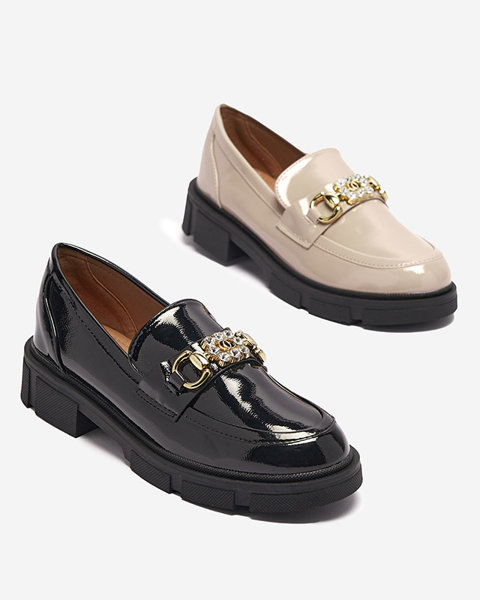 Hellbraune lackierte Damenmokassins mit Ornament Vedera - Footwear