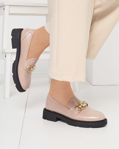 Hellbraune lackierte Damenmokassins mit Ornament Vedera - Footwear