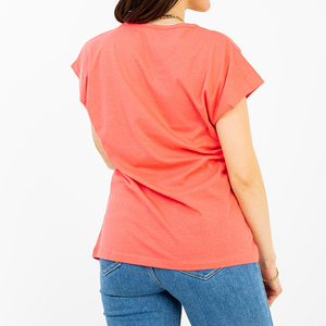 Korallenrotes Damen-T-Shirt mit Farbdruck und Glitzer - Kleidung