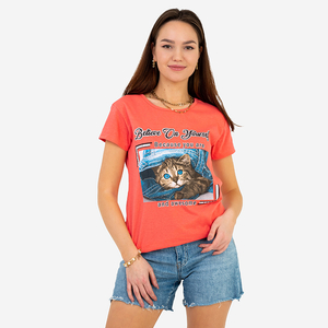 Korallenrotes Damen-T-Shirt mit Katzenaufdruck und Text - Kleidung