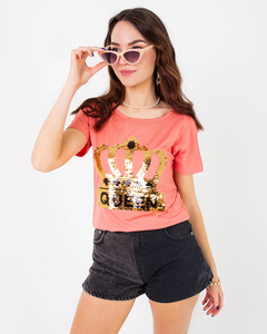 Korallenrotes Damen-T-Shirt mit Krone und Pailletten - Kleidung